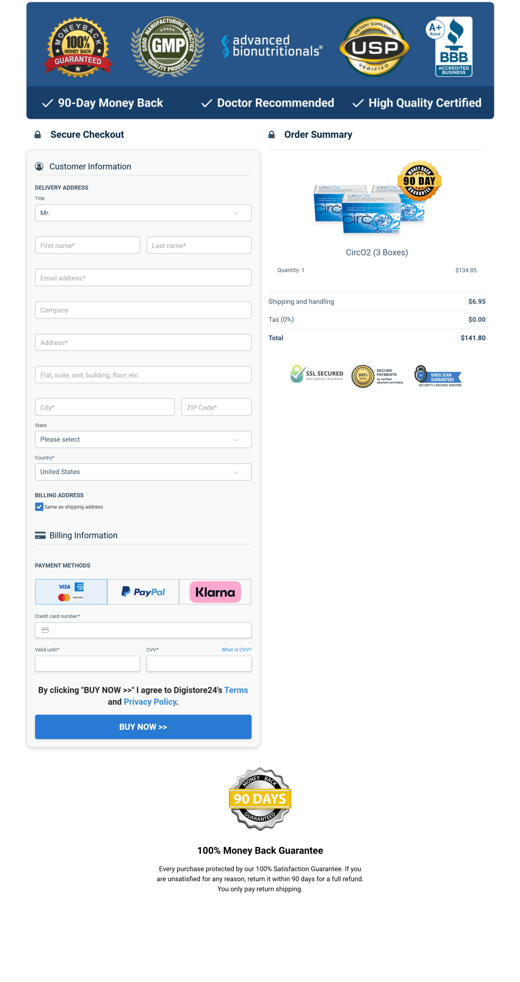 Screenshot of CircO2 secure order page